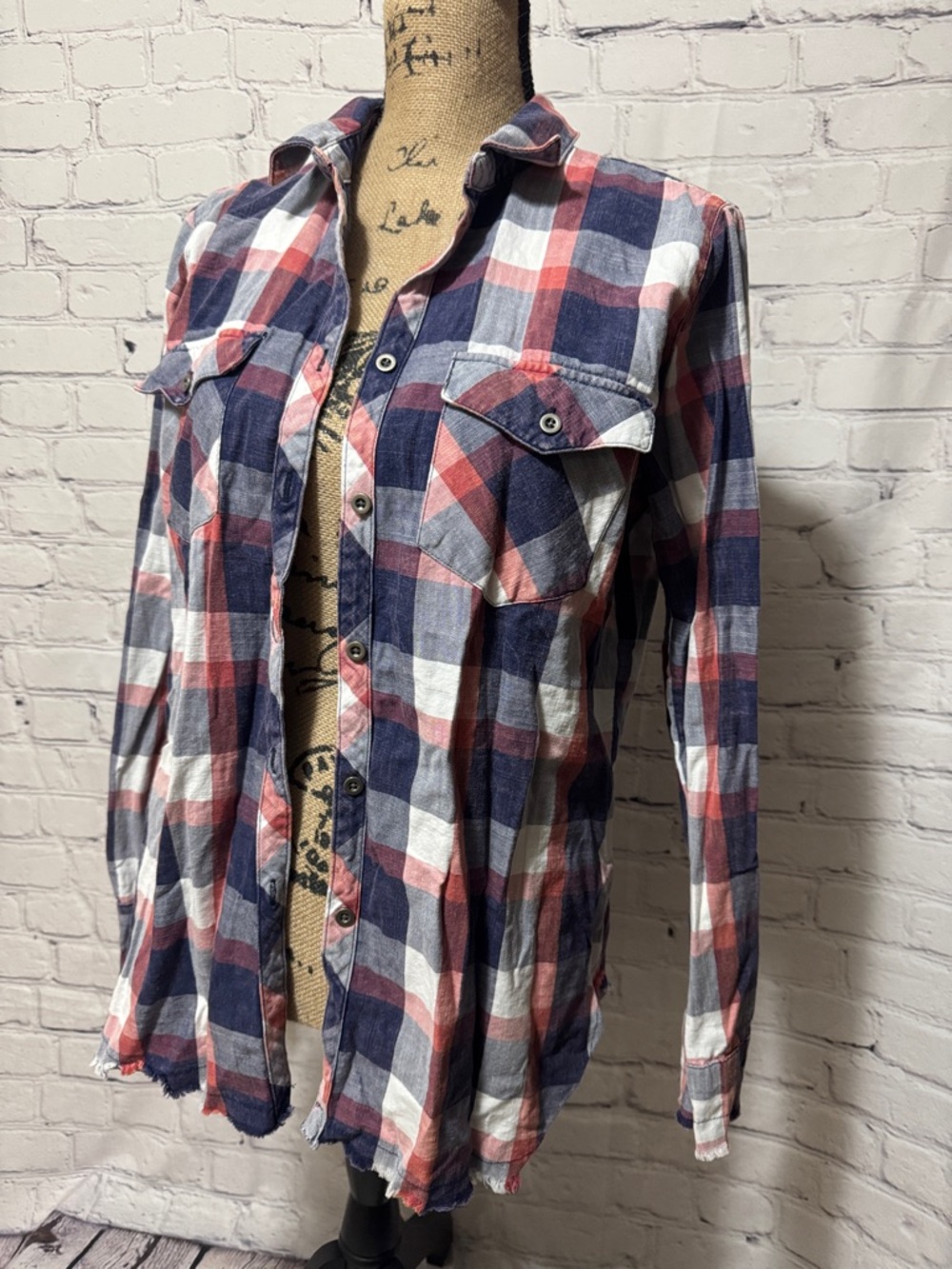 Like new Sneak Peak Women’s Plaid Button-Up Shirt - Red, Navy & White raw hems